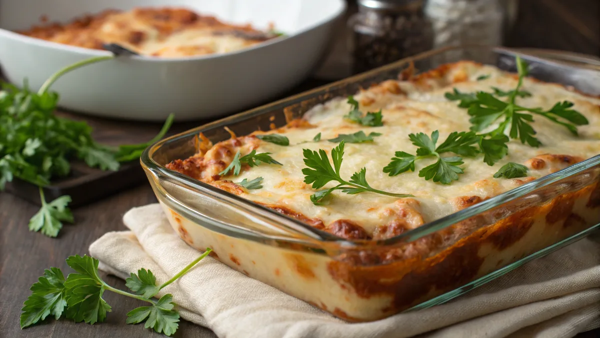 Baked cottage cheese lasagna with parsley garnish.