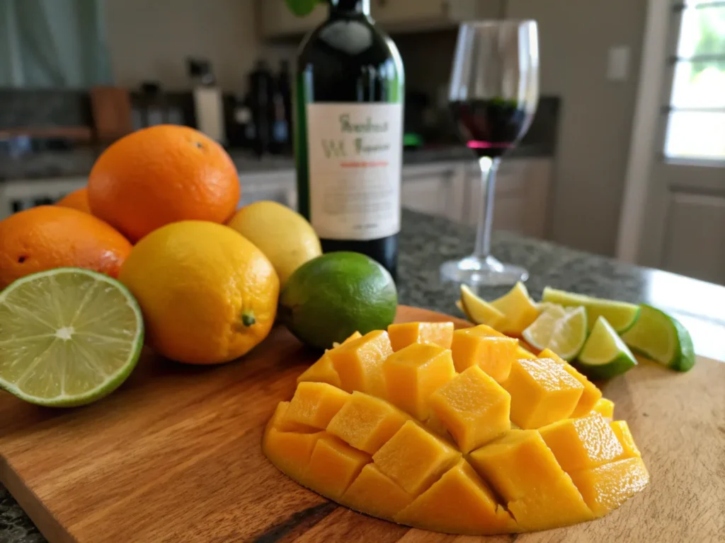 Key ingredients for Mangria including fresh mango, citrus fruits, and a bottle of wine, essential for making the recipe for Mangria.