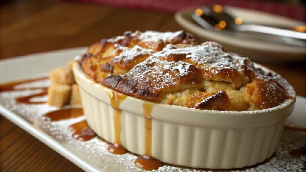 Freshly baked bread pudding with caramel sauce