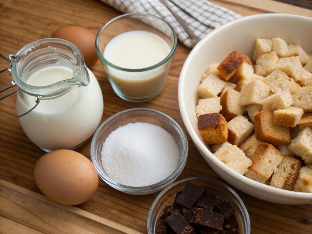 Ingredients for making bread pudding recipe