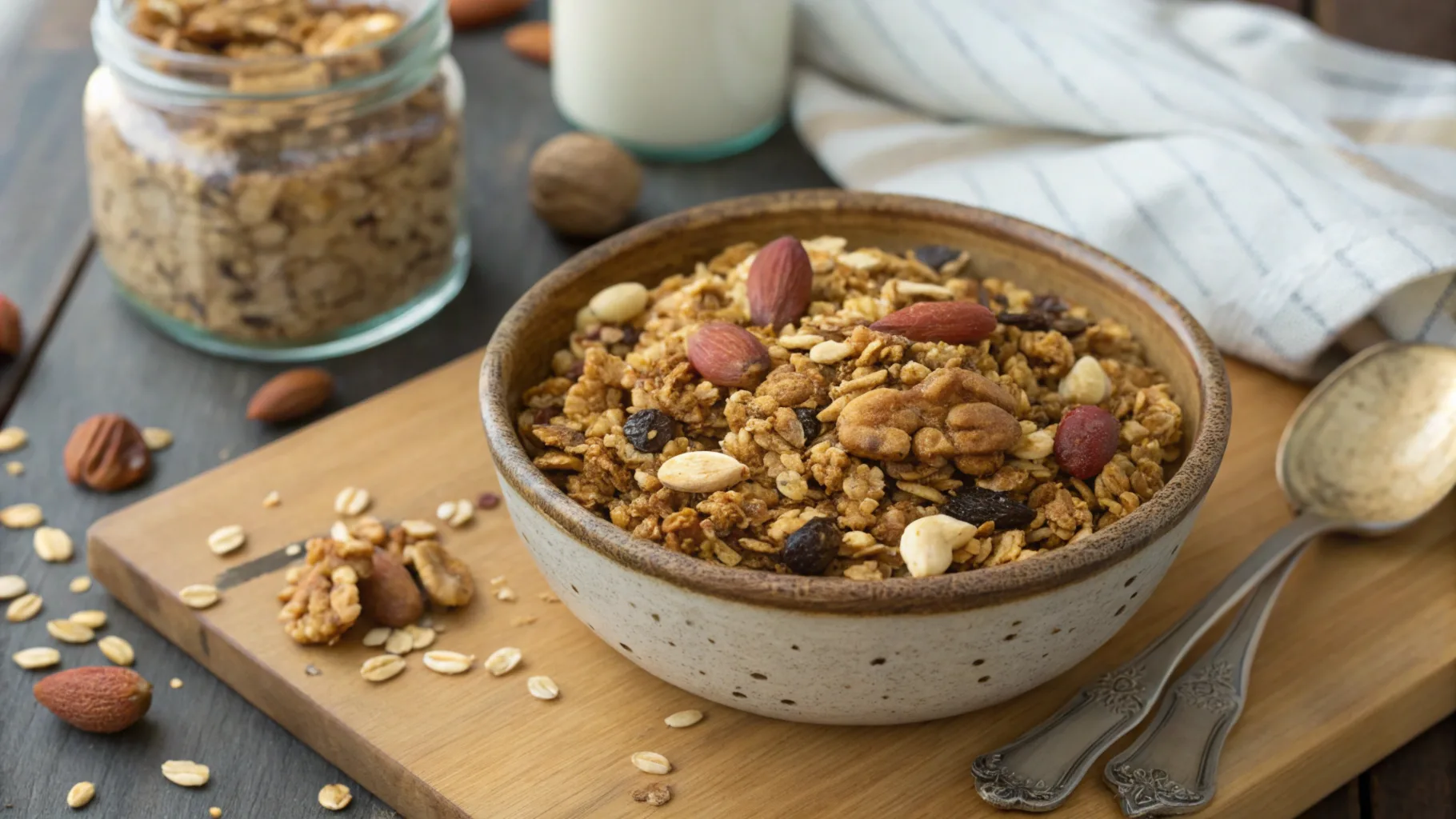 Freshly baked vanilla nut granola with almonds, walnuts, and oats, showing a crunchy, golden texture in a rustic bowl, perfect for a healthy breakfast.