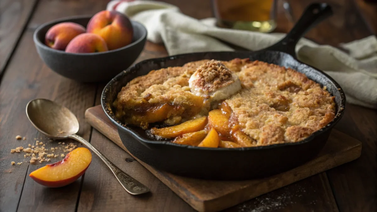 Peach cobbler made with cake mix, served in a skillet.