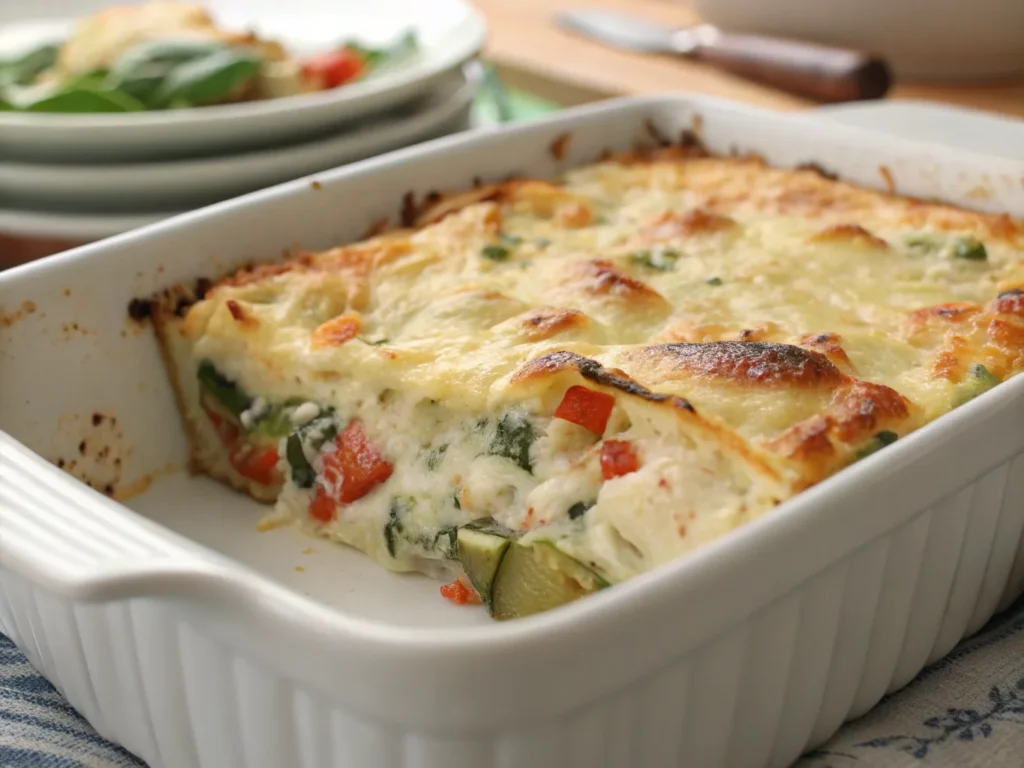 Savory casserole with cottage cheese and vegetables.