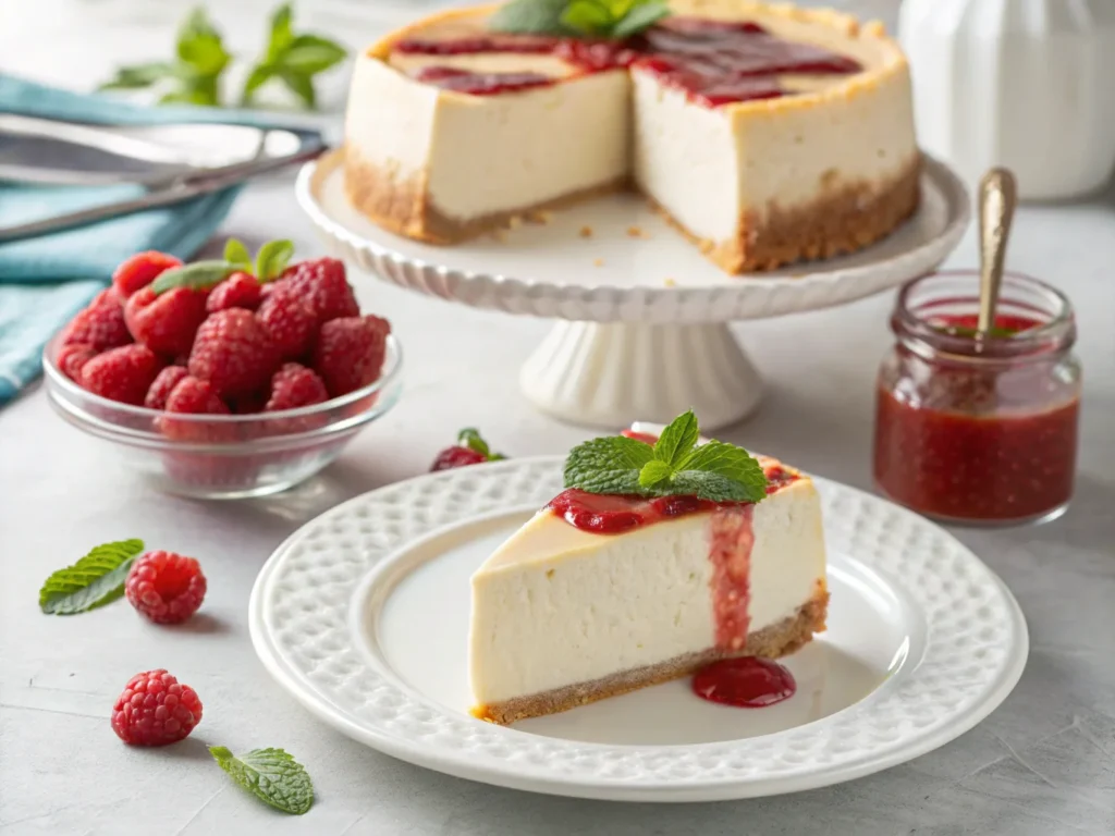 Slice of cottage cheese cheesecake with raspberry sauce and a mint garnish.