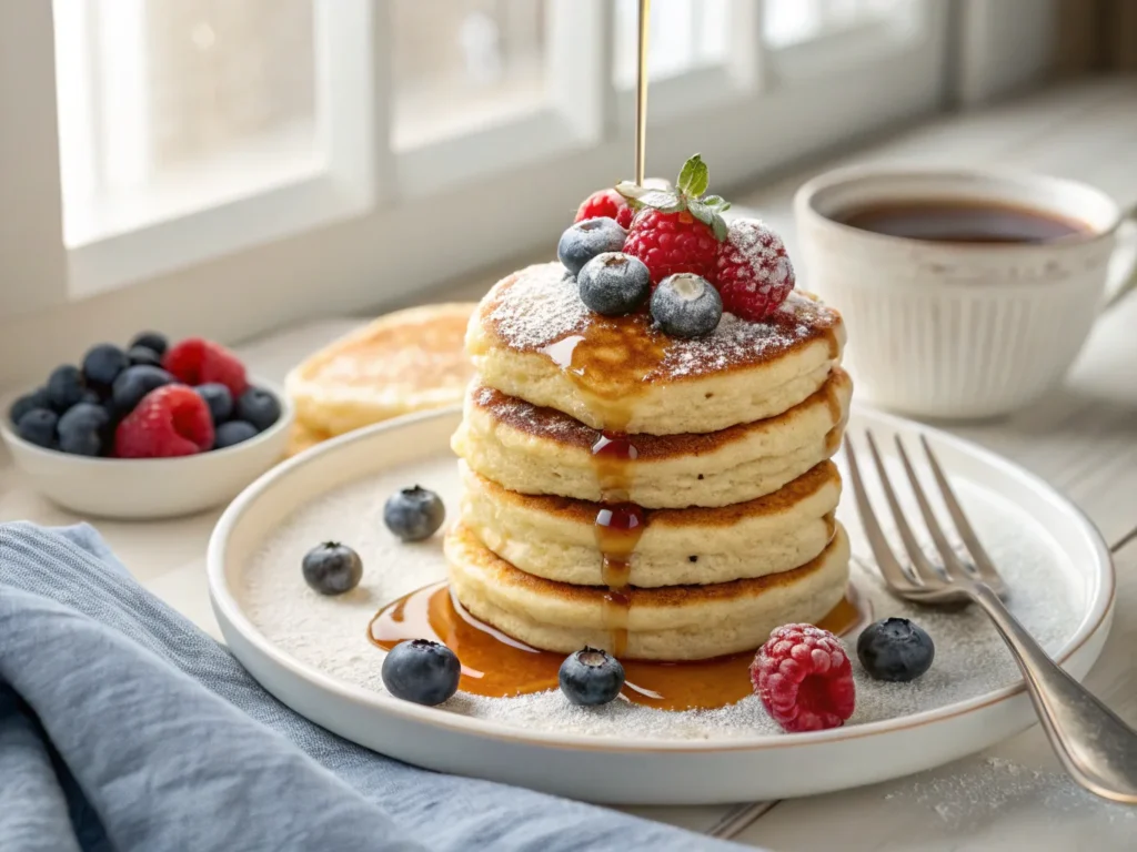 Fluffy cottage cheese pancakes topped with fresh berries and syrup.