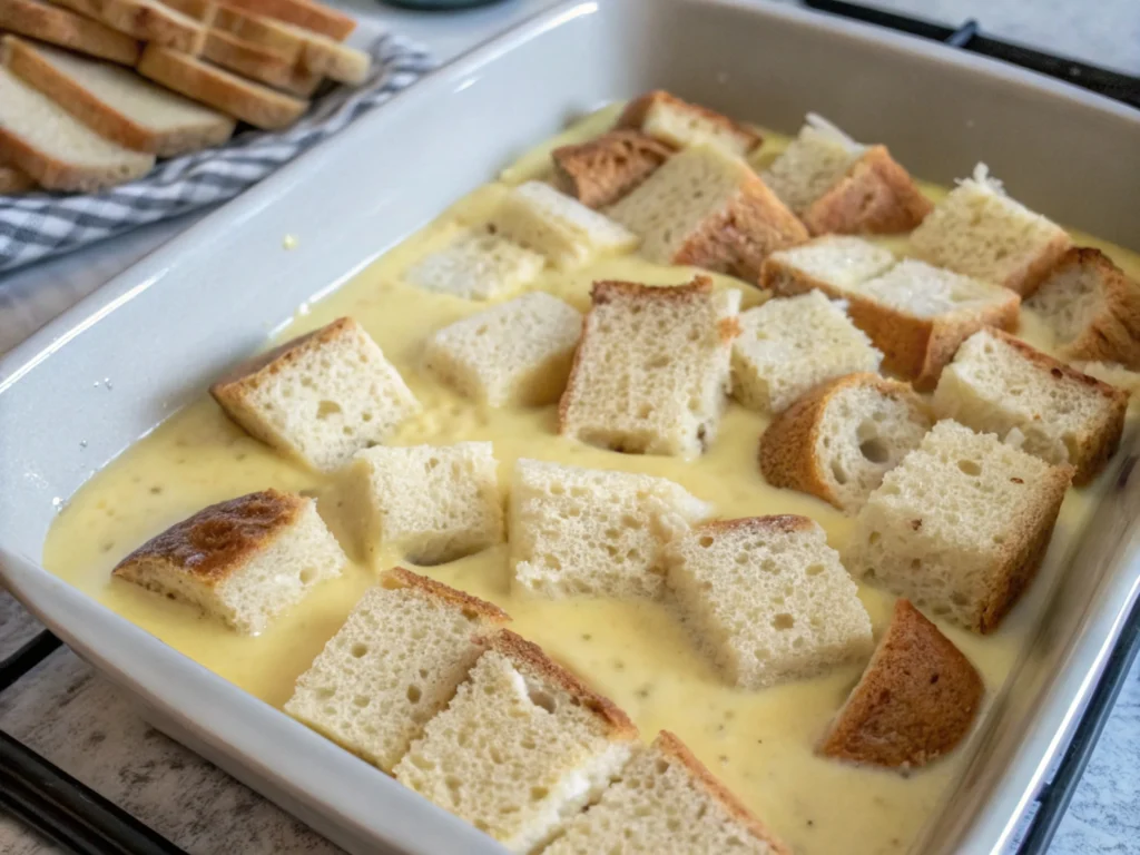 Bread soaking in custard for pudding