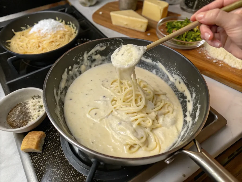 Close-up of creamy alfredo sauce being stirred in a skillet, prepared for grilled chicken alfredo.