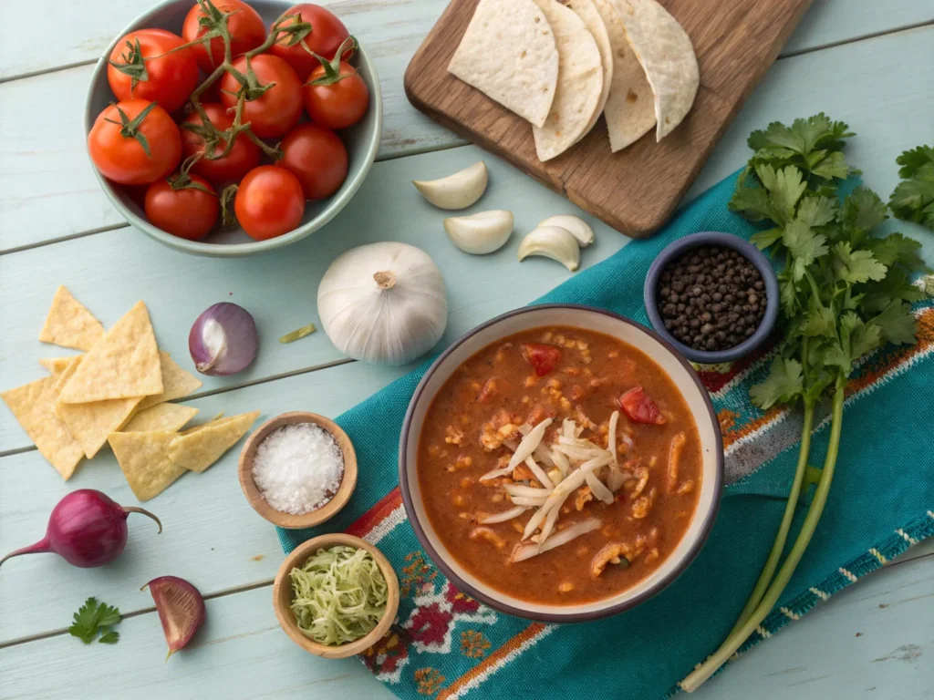 Ingredients for chicken tortilla soup displayed on a wooden surface.