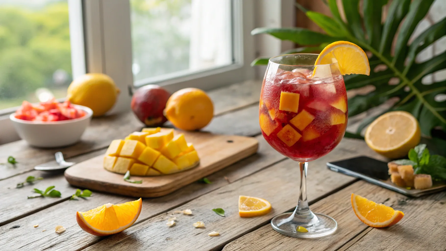 A refreshing glass of Mangria with mango chunks and citrus slices, showcasing the final outcome of the recipe for Mangria.