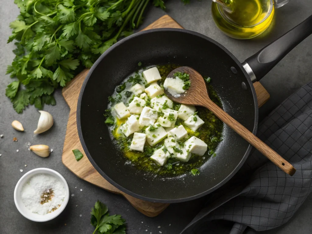 Cottage cheese sautéed with garlic and parsley in a non-stick pan