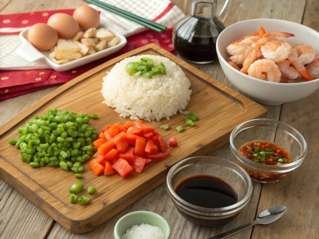 An overhead view of fresh ingredients for Blackstone Fried Rice, including a bowl of day-old cooked rice, diced carrots, peas, bell peppers, raw shrimp, eggs, soy sauce, sesame oil, minced garlic, and ginger, neatly arranged on a wooden countertop.