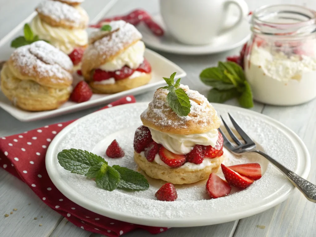 Assembled Strawberries & Cream Pastry Puff dusted with sugar