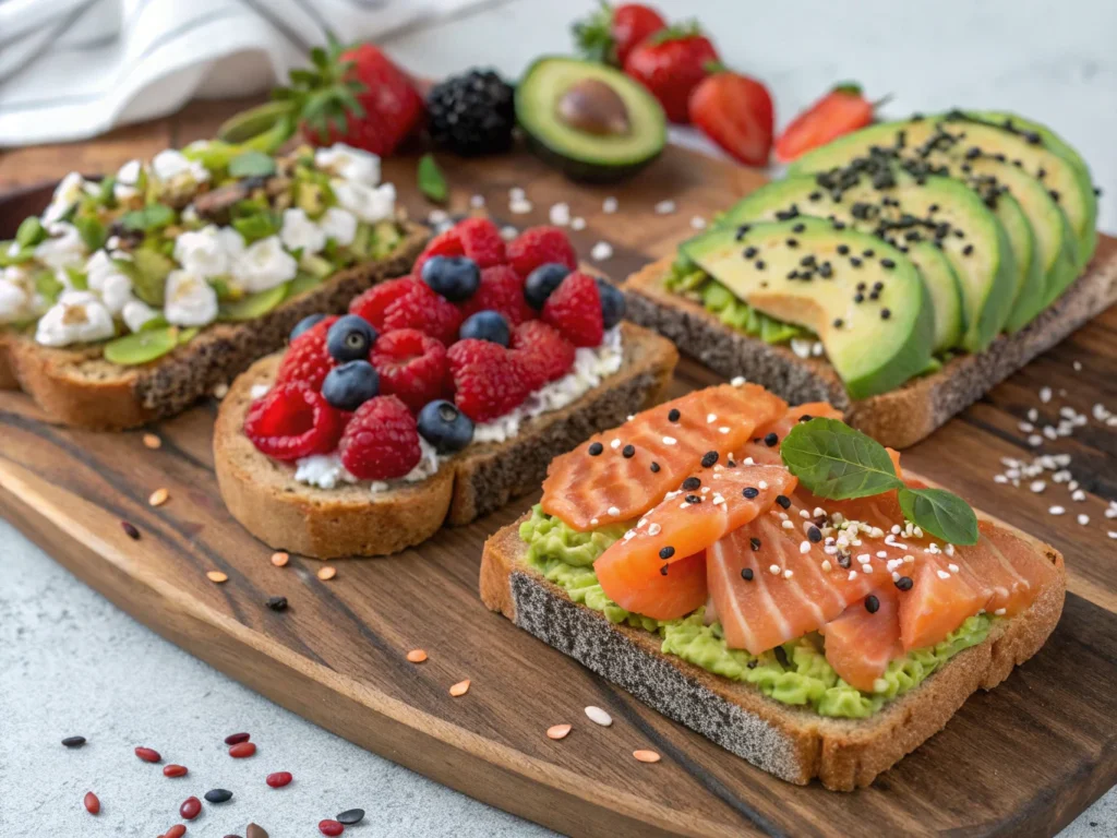 Assorted avocado toast with different toppings on a wooden platter