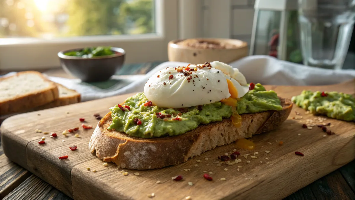 Avocado toast with poached egg and chili flakes on sourdough bread