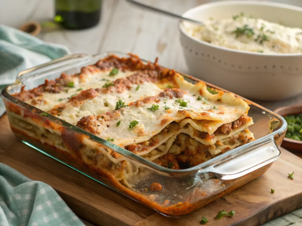 Cottage cheese lasagna with retained protein content.