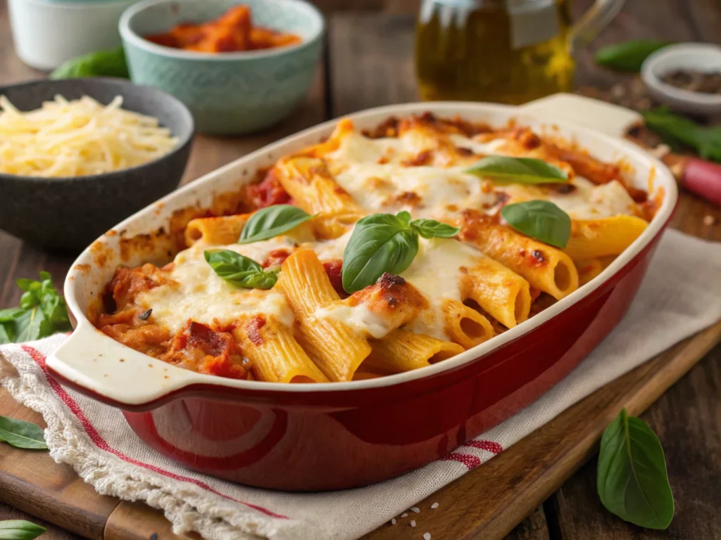 Baked pasta with cottage cheese and basil.