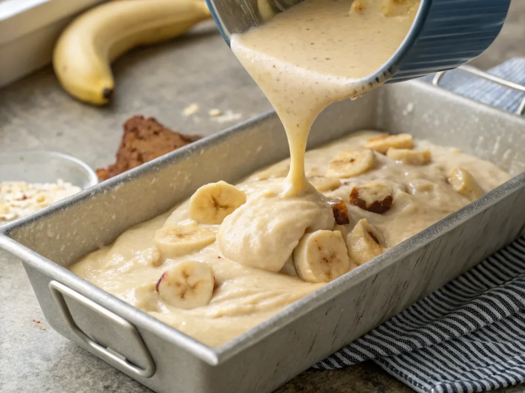 Banana bread batter being poured into pan