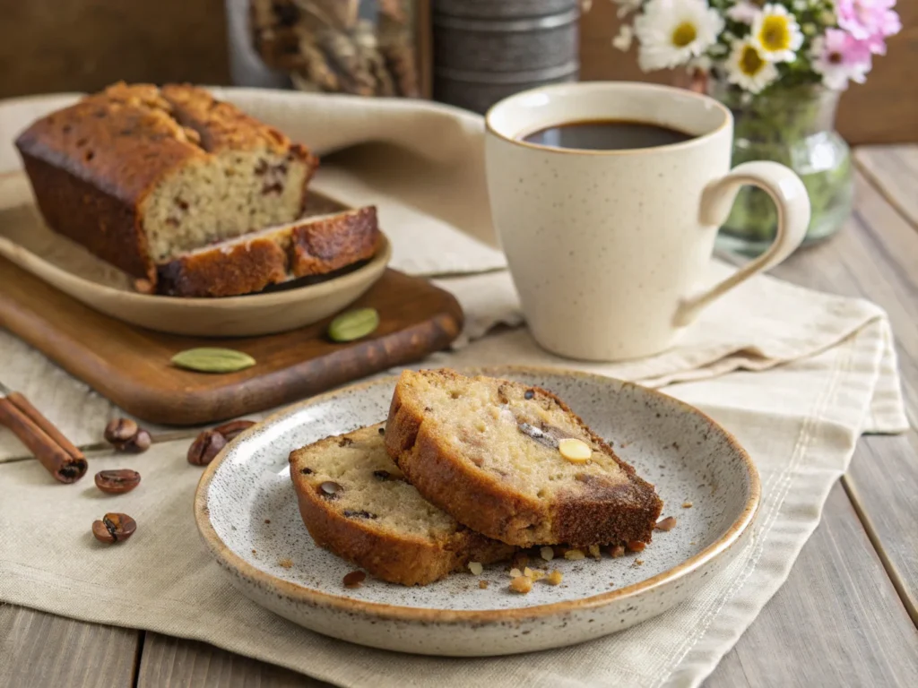 Banana bread slice with coffee