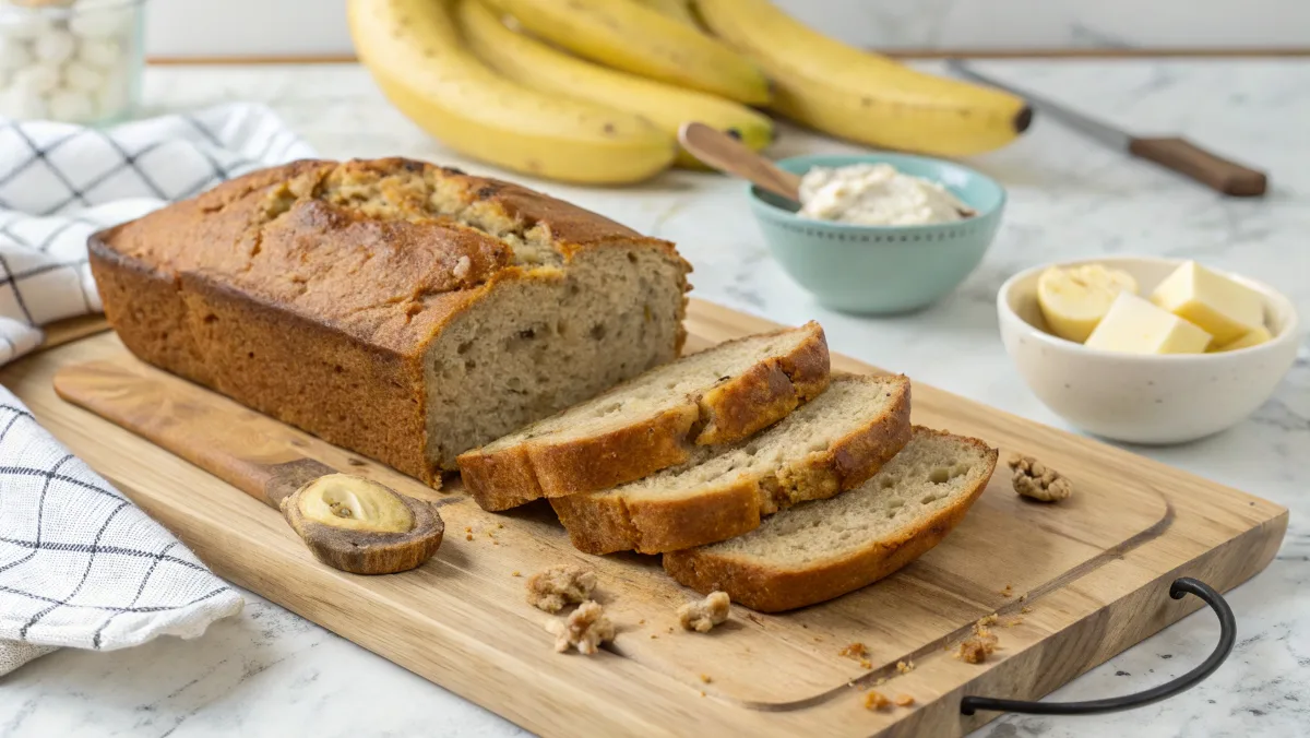 Close-up of banana bread loaf with slices