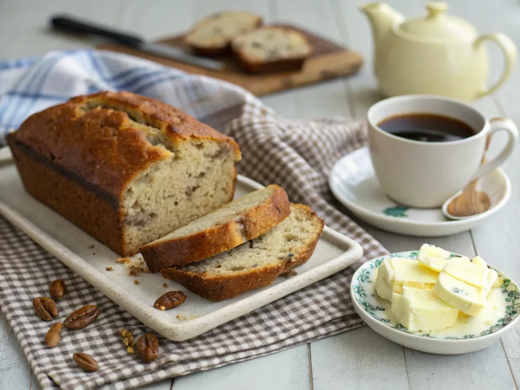 Sliced banana bread with butter and coffee