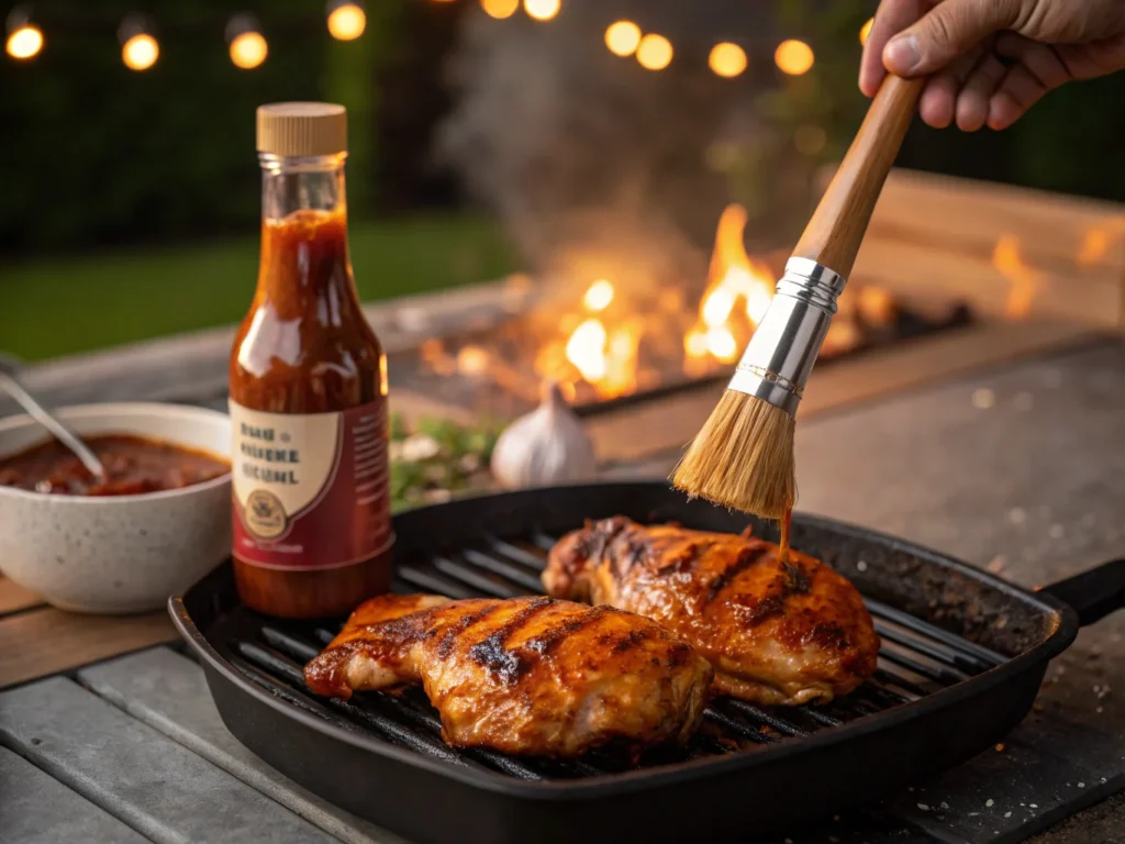 Brushing BBQ sauce on Southern chicken.