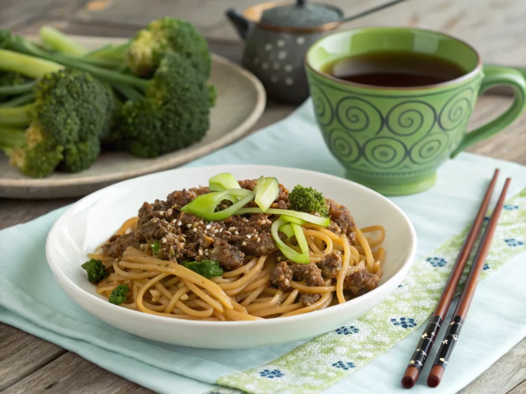 Mongolian Ground Beef Noodles with Steamed Broccoli and Green Tea