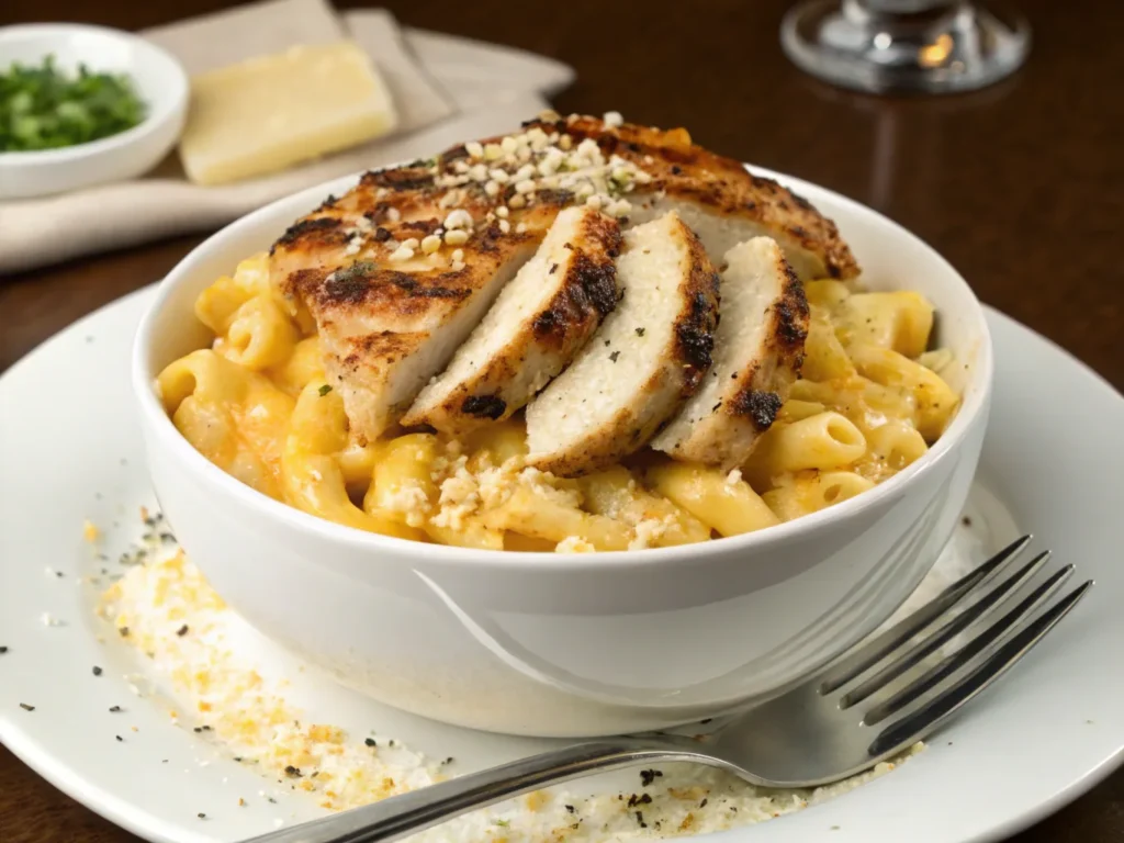 Protein mac and cheese with grilled chicken and steamed broccoli, designed to support muscle building with high-quality protein.