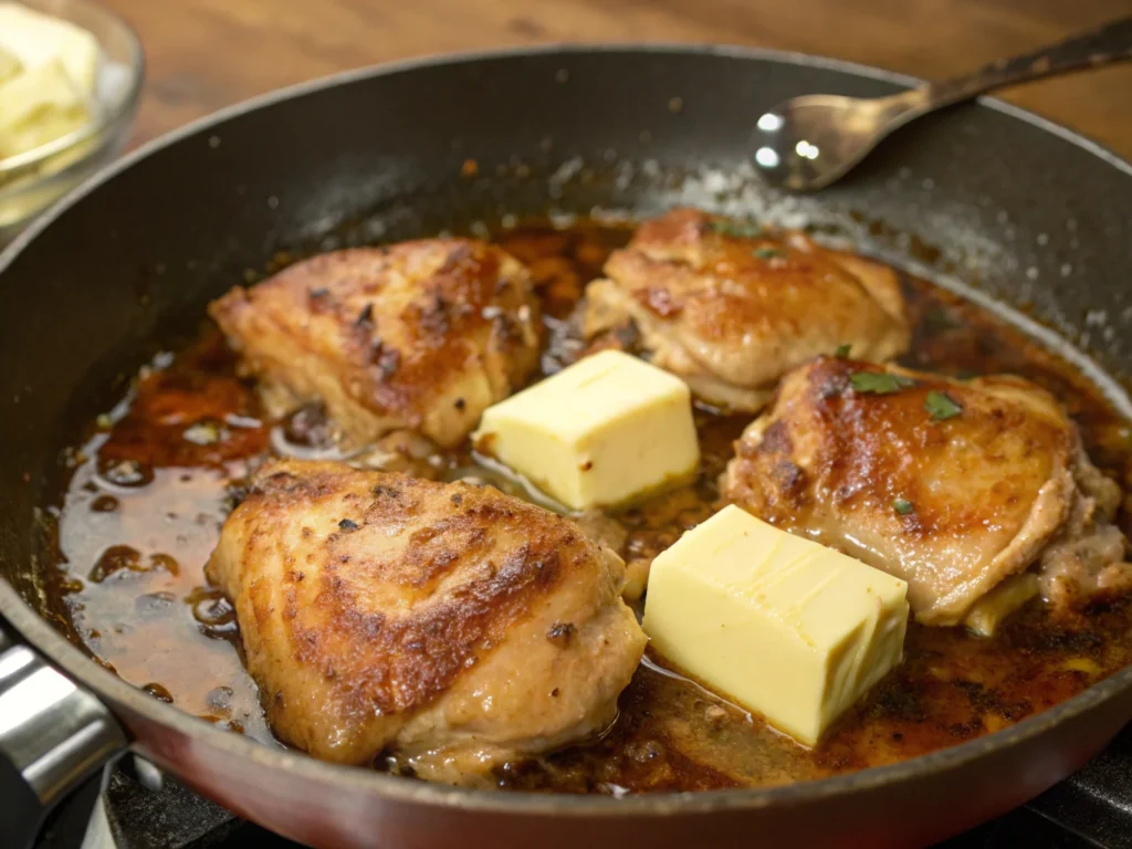 Butter melting with chicken in a skillet.