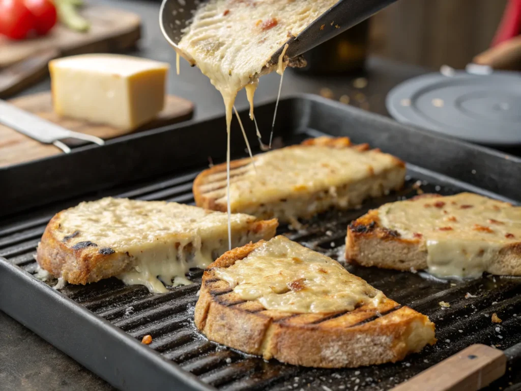 Melted cheese on a wooden board, illustrating the question: Does cheese lose protein when heated?