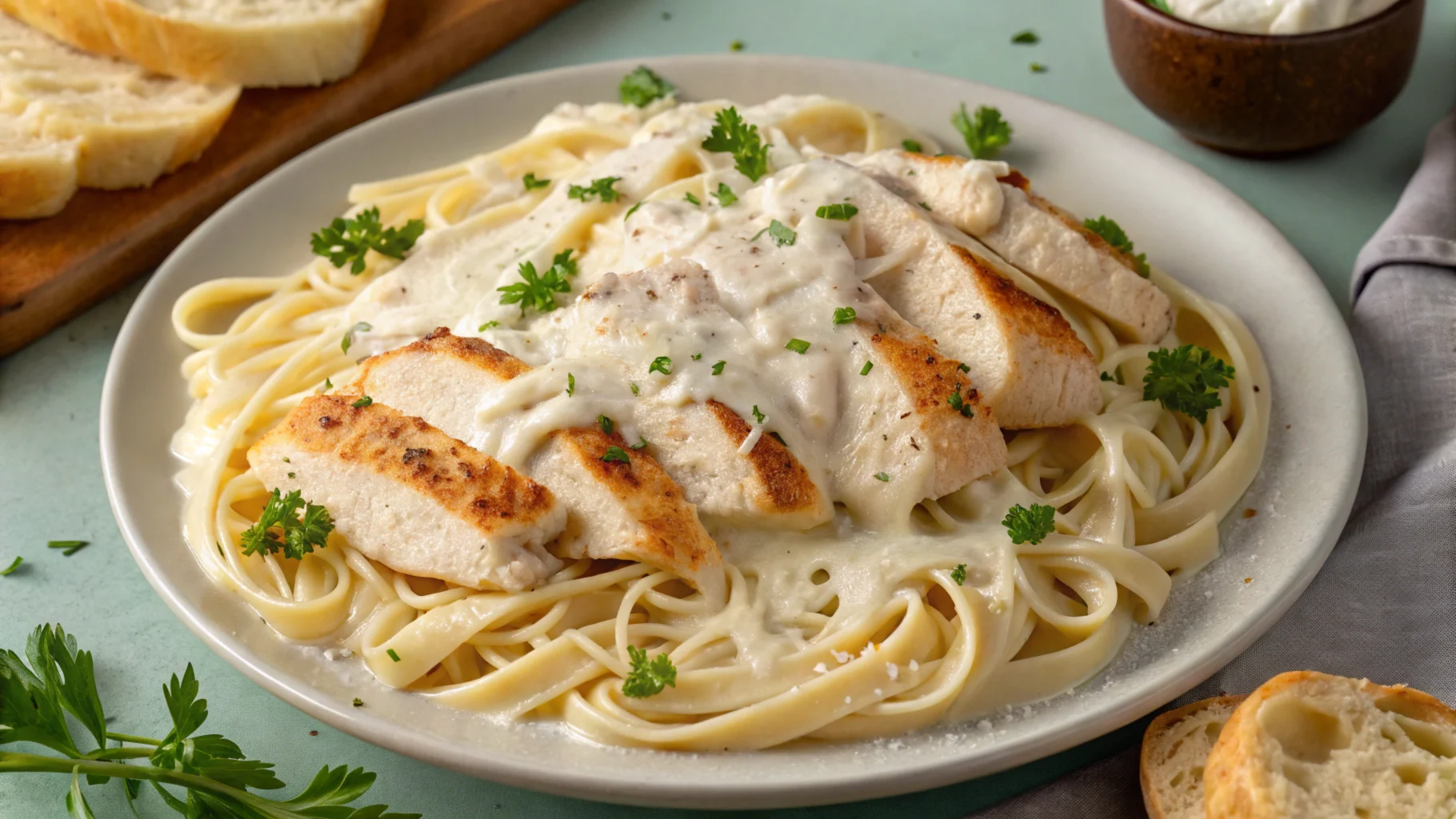 Delicious Chicken Alfredo served with fettuccine, tender chicken, and creamy Alfredo sauce, garnished with fresh parsley.