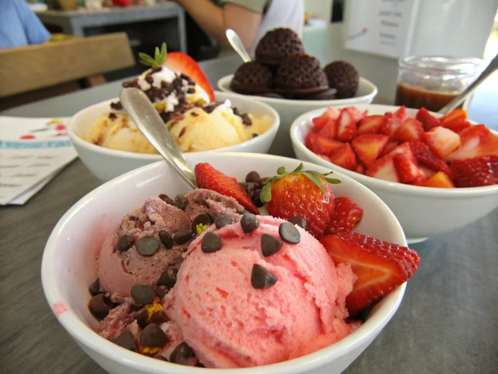 Chocolate and strawberry snow cream recipe variations in bowls.