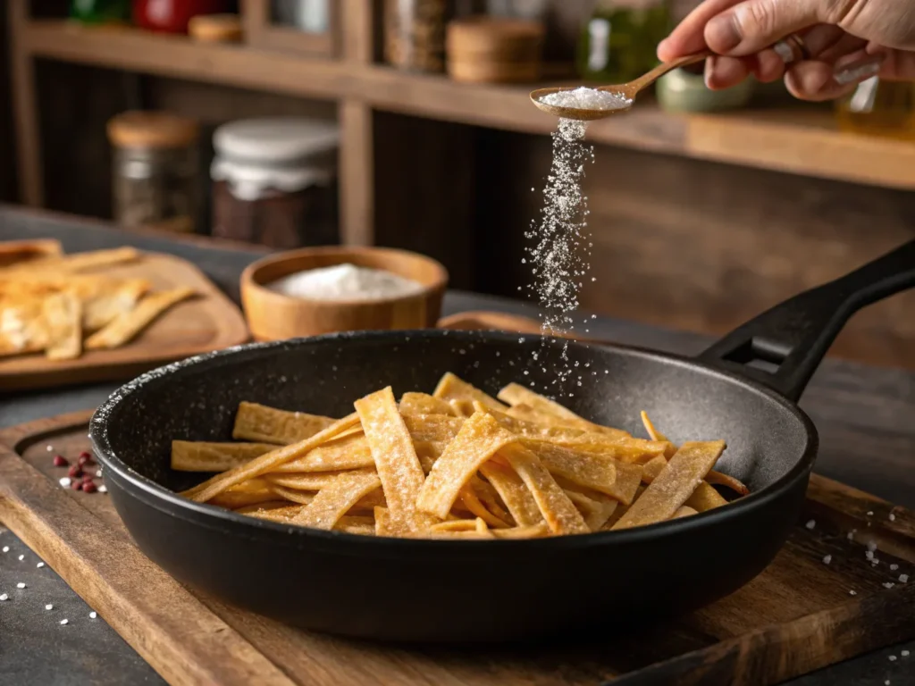 Golden brown tortilla strips being fried in a pan.