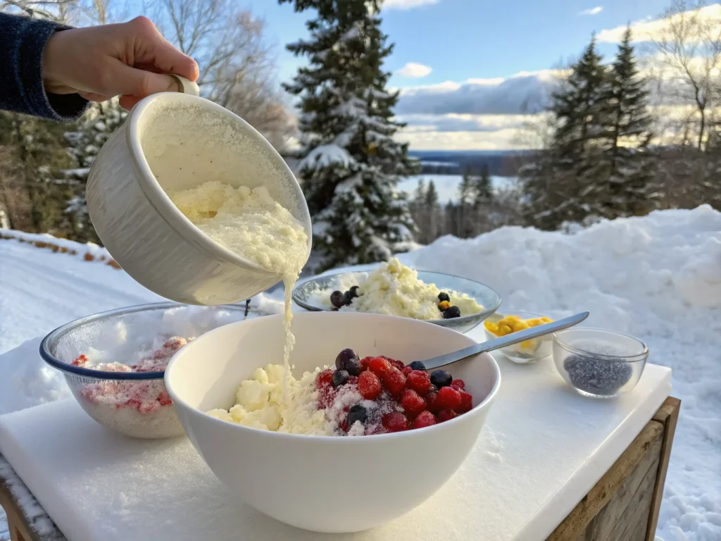 Collecting fresh snow in a clean bowl for a snow cream recipe.