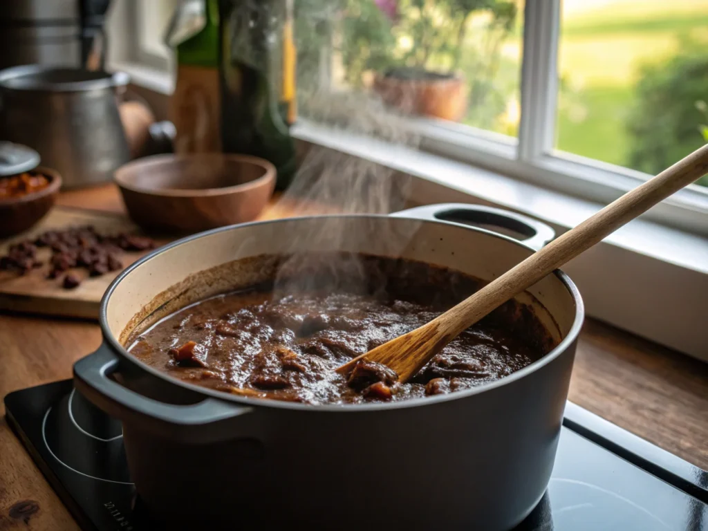 A dark roux being stirred in a pot, the base for Louisiana seafood gumbo.