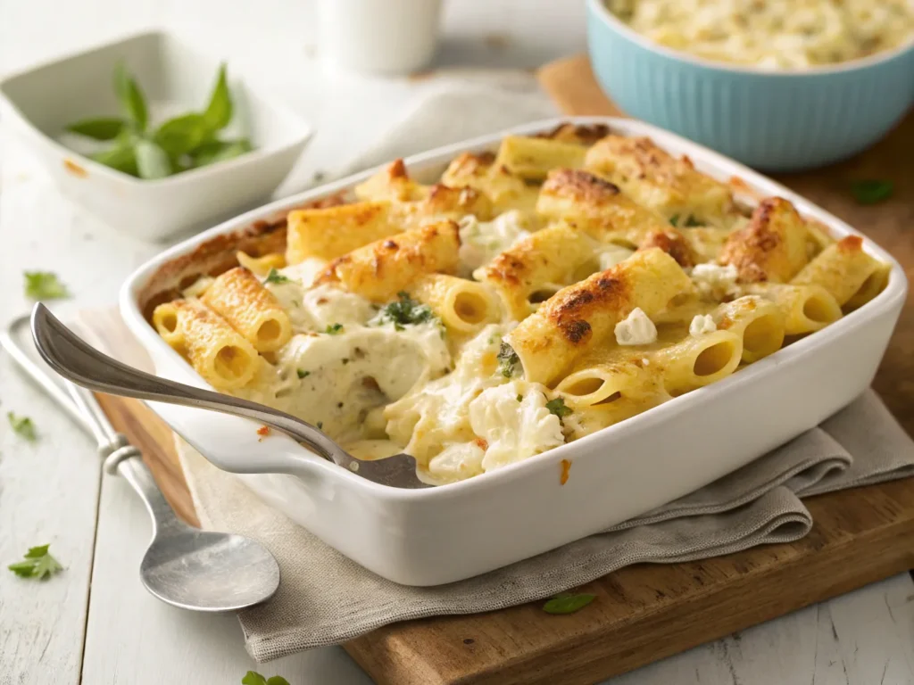 Cottage cheese pasta bake ready to serve.