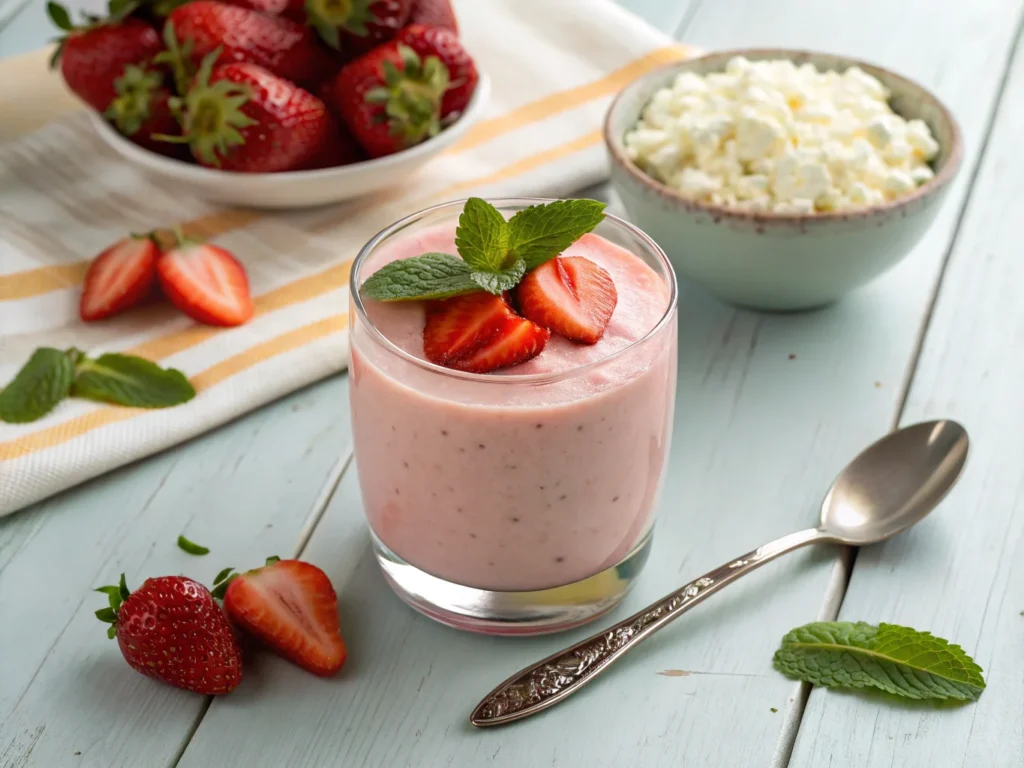 Does Cottage Cheese Lose Protein When Cooked, Strawberry and cottage cheese smoothie garnished with a strawberry slice and mint leaf.