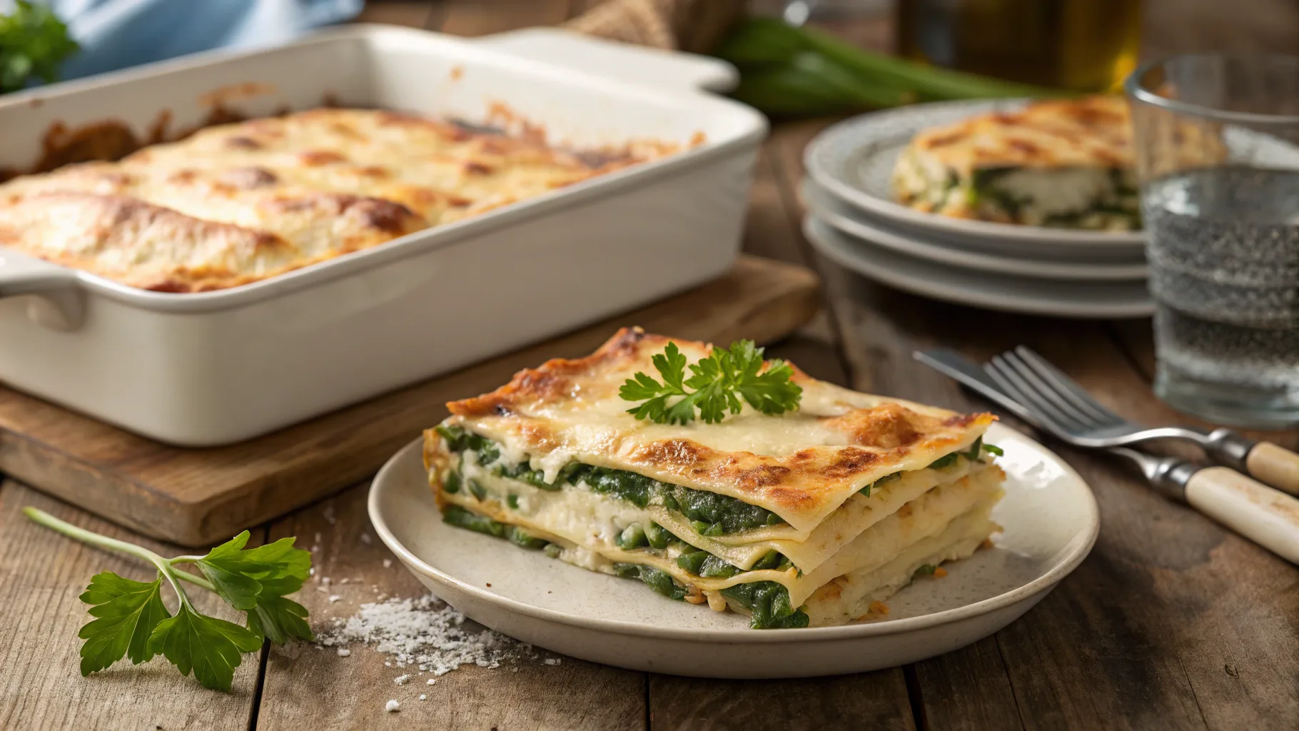 Freshly baked lasagna with cottage cheese and spinach on a rustic wooden table.