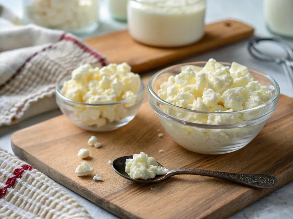 A side-by-side comparison of raw and cooked cottage cheese showing texture differences.