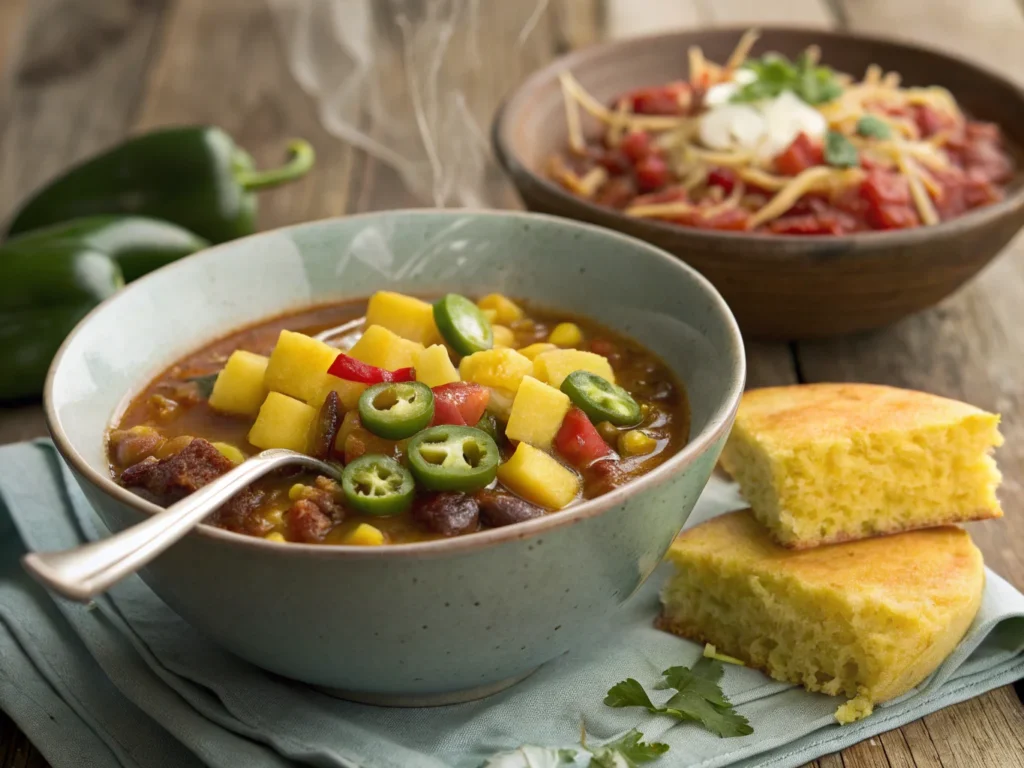 Creative taco soup toppings like mango salsa and pineapple.