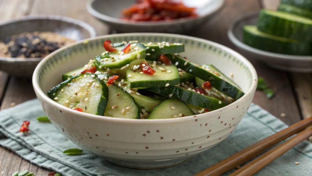 Din Tai Fung cucumber recipe with sesame seeds in a bowl.