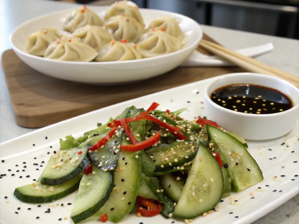 Din Tai Fung cucumber salad served with dumplings.