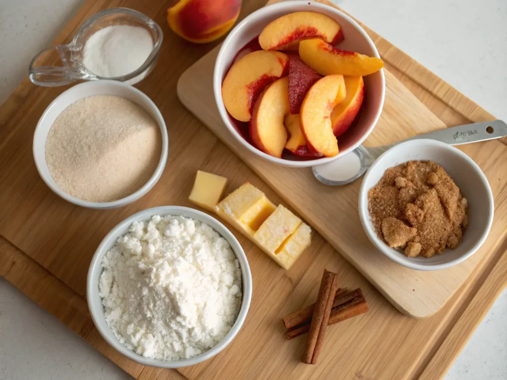 Ingredients for peach cobbler, including canned peaches, yellow cake mix, butter, cinnamon, sugar, and lemon on a rustic wooden table.