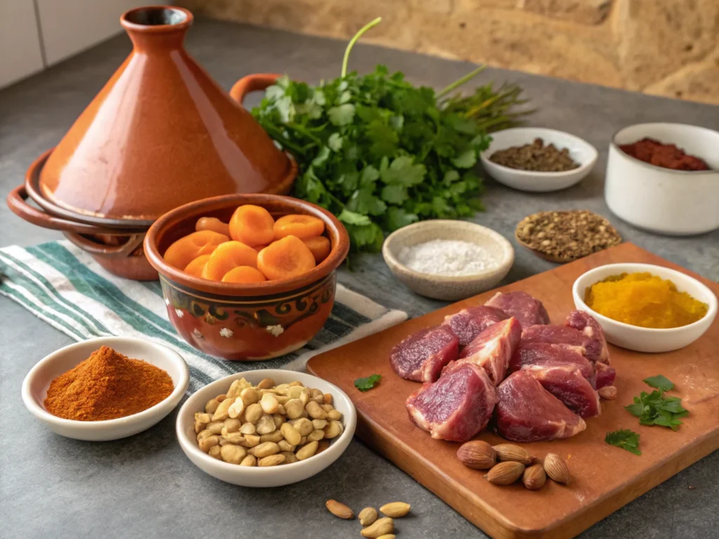 Fresh ingredients for Moroccan lamb tagine, including lamb, apricots, almonds, and spices, ready for cooking.