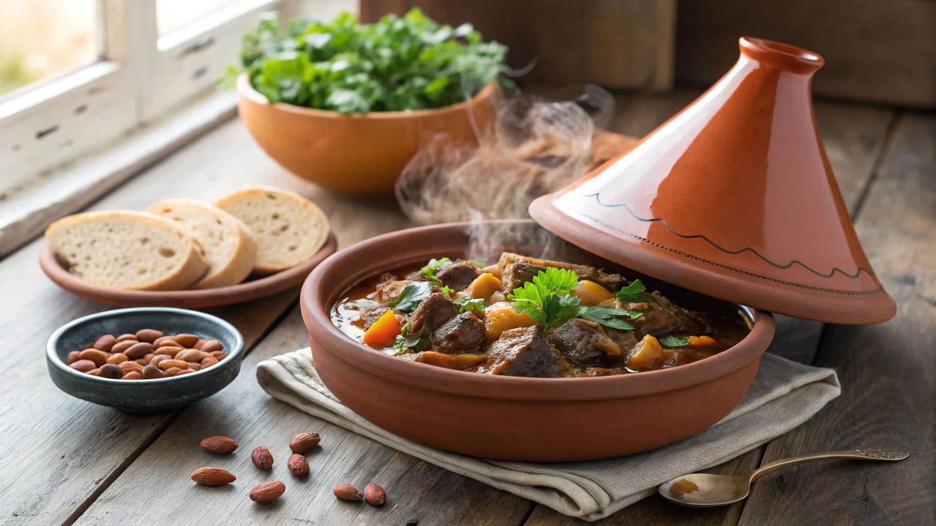 Freshly cooked Moroccan lamb tagine with apricots and almonds in a traditional clay pot.