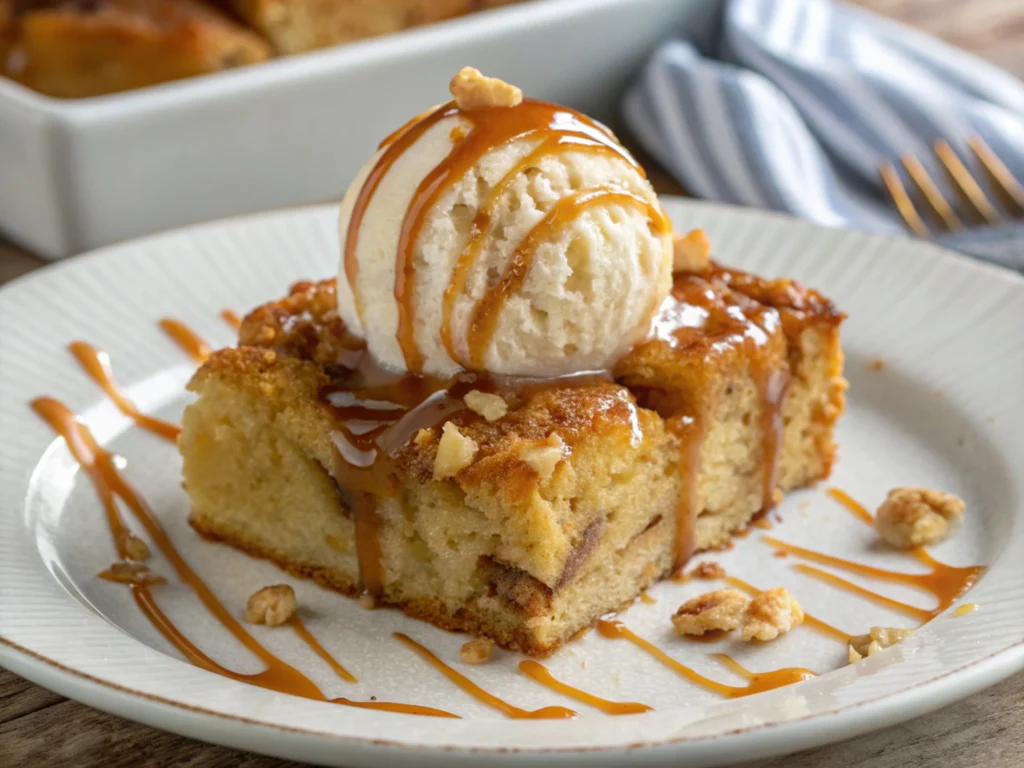 Bread pudding with ice cream and caramel