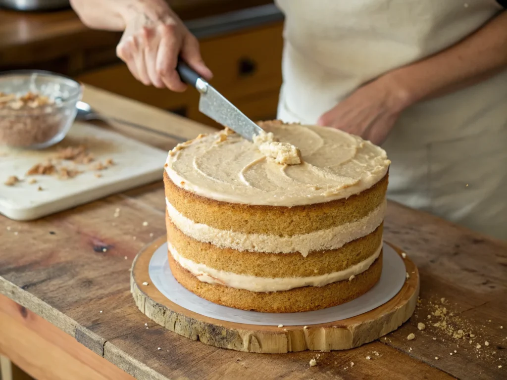 Frosting peanut butter cake layers.