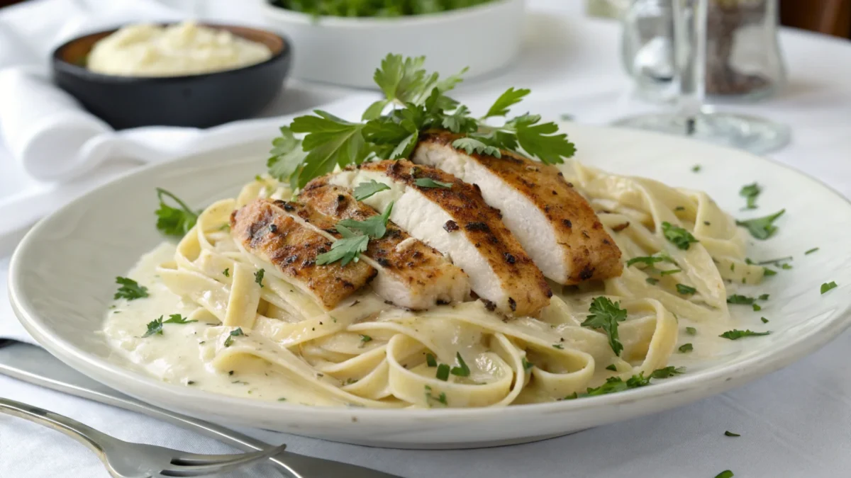 Plated grilled chicken alfredo with fettuccine pasta, grilled chicken slices, creamy alfredo sauce, and fresh parsley, ready to serve.