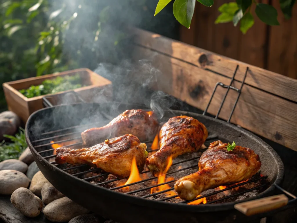 BBQ Chicken grilling over coals.