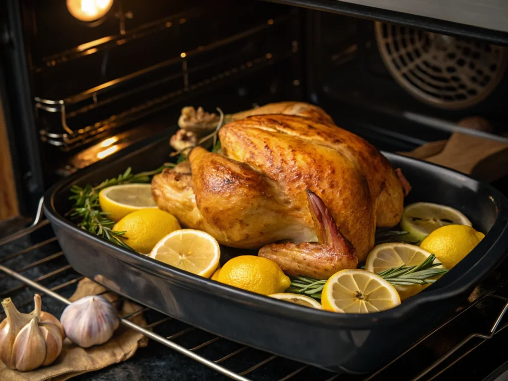 Ina Garten roast chicken cooking in the oven.