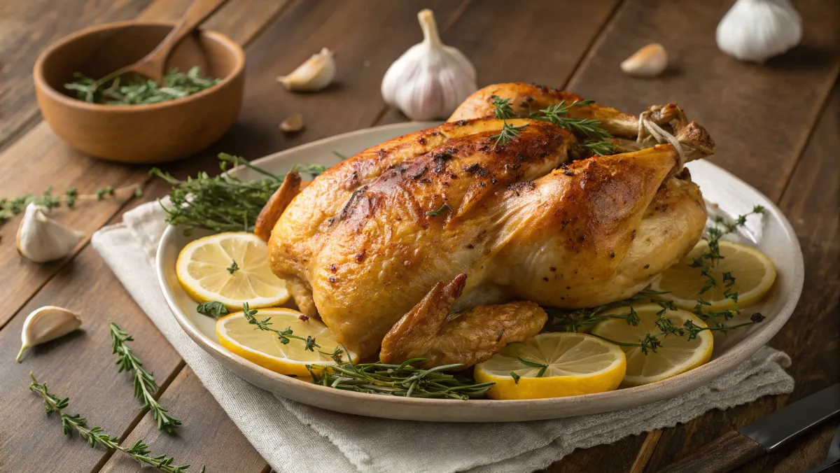 Ina Garten roast chicken served with thyme and lemon